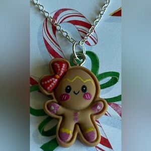 Festive Gingerbread Girl Necklace with Ruby Red Crystal Beads